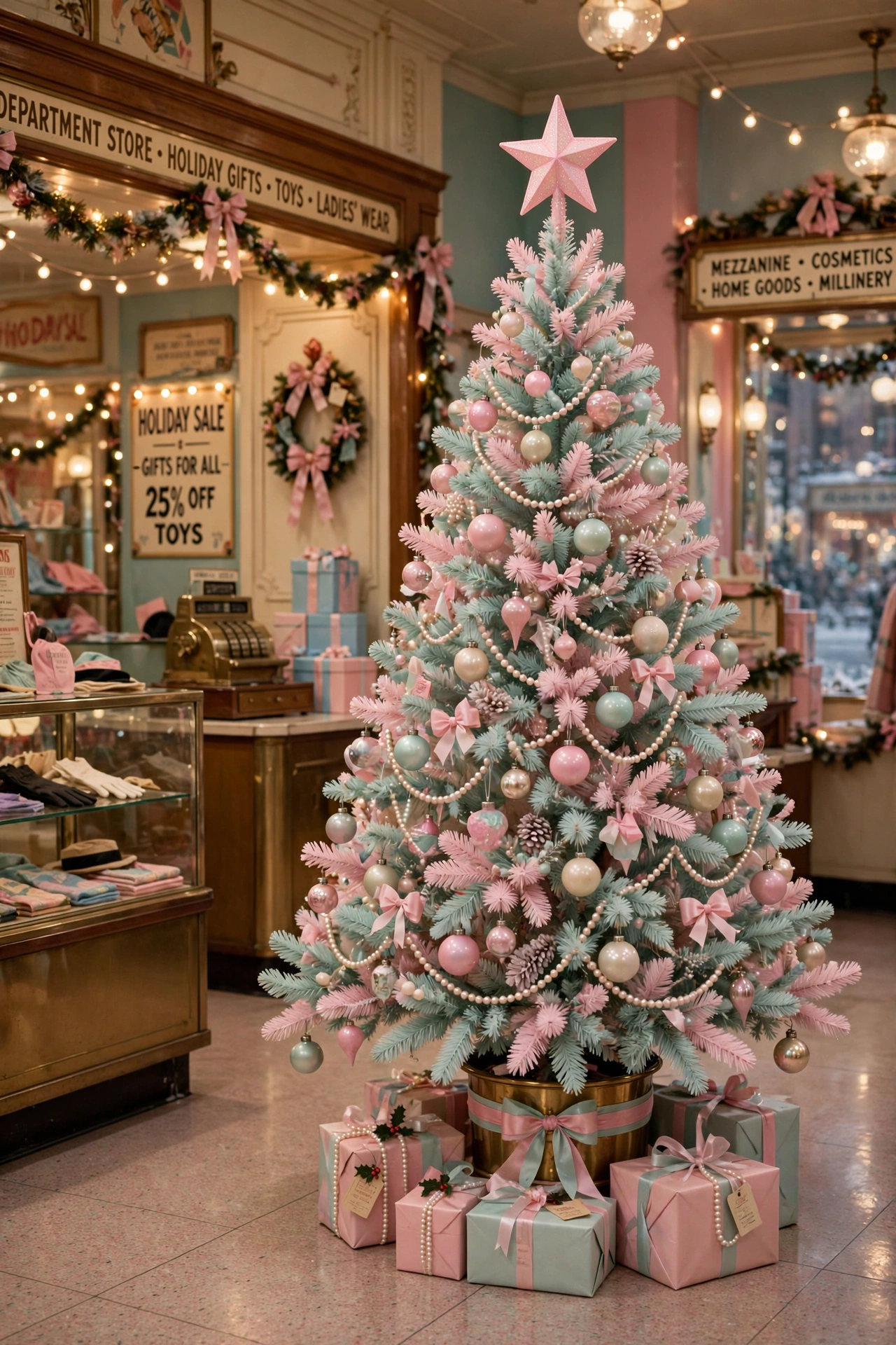 pastel vintage christmas tree pink blue ornaments