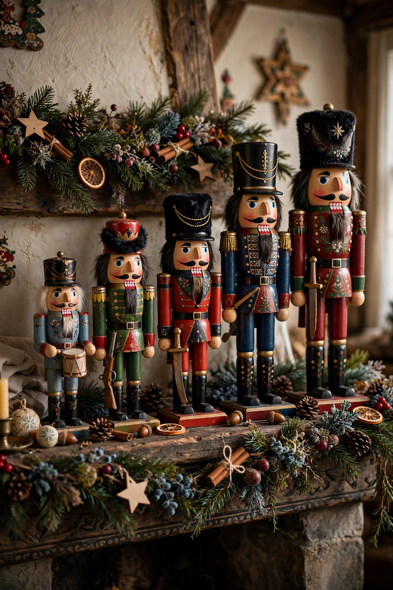 nutcracker lineup vintage christmas mantel