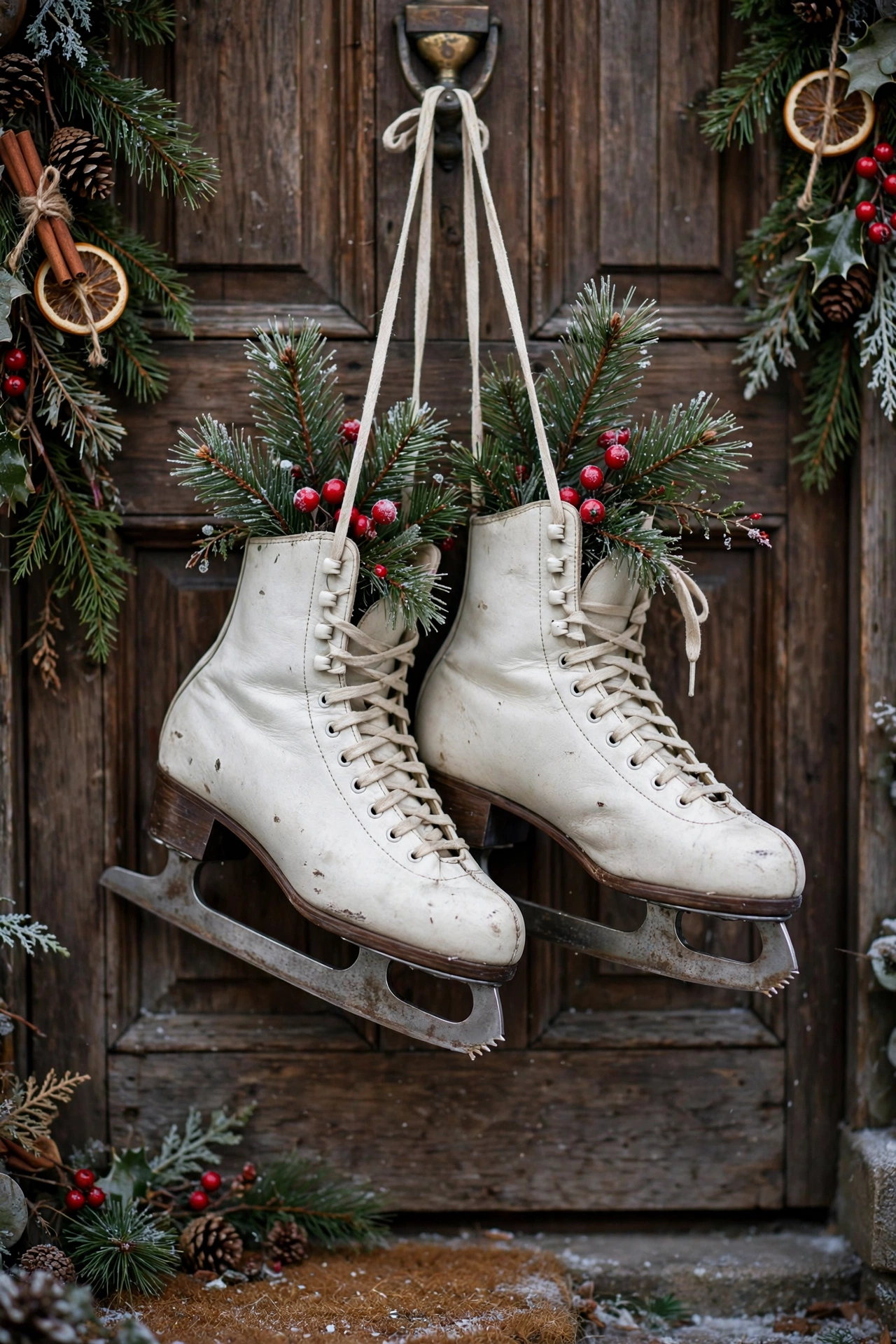 vintage ice skates door hanging christmas