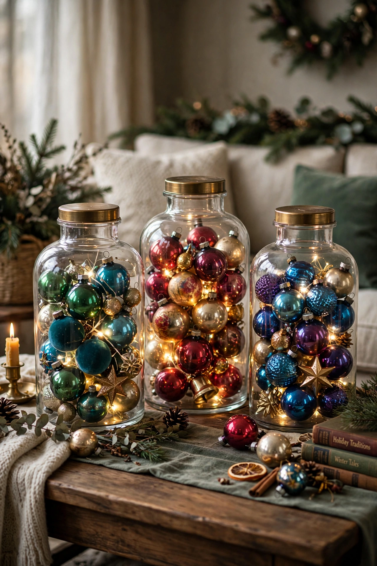 vintage ornaments apothecary jar display
