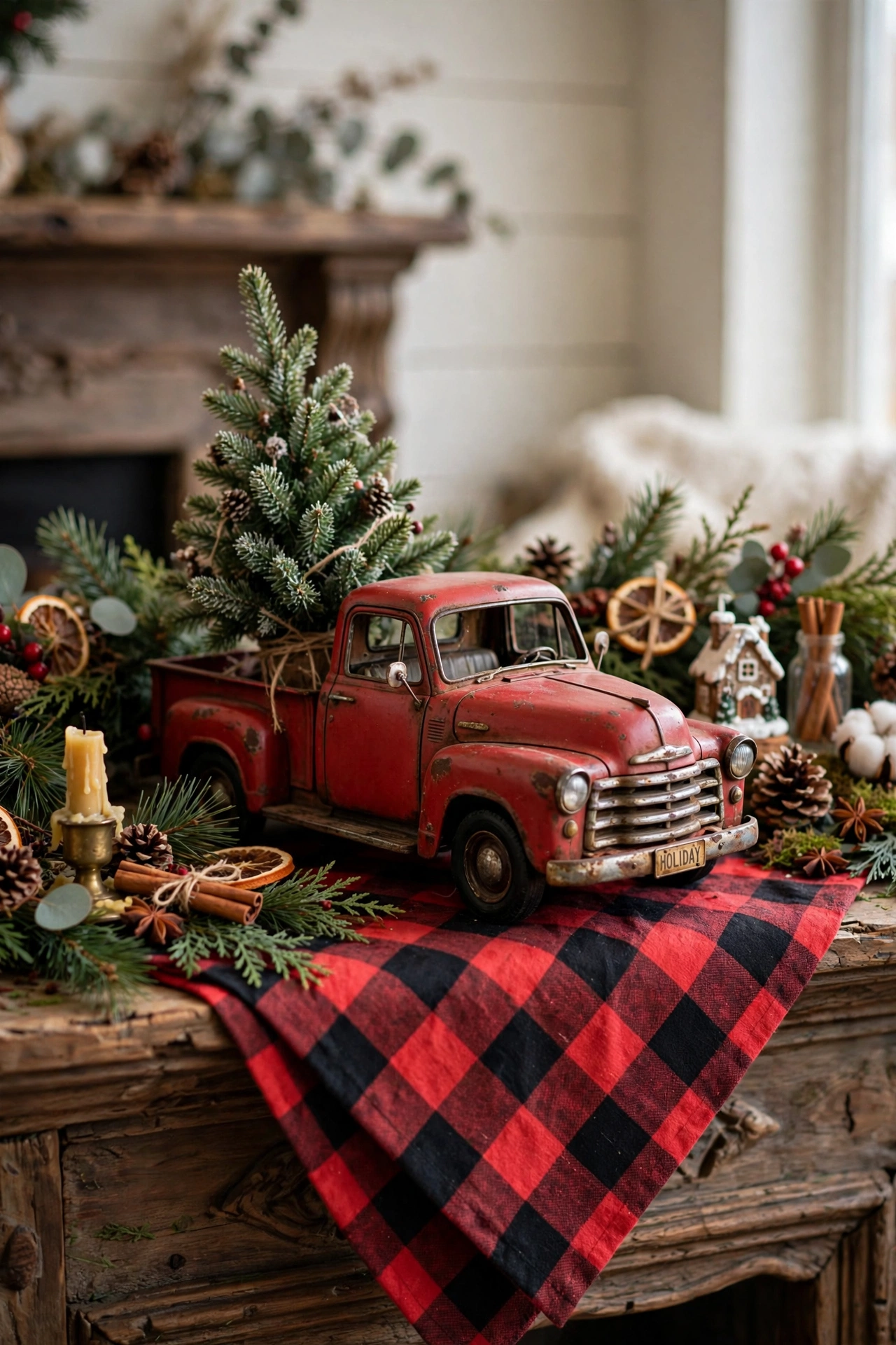 red vintage truck with christmas tree