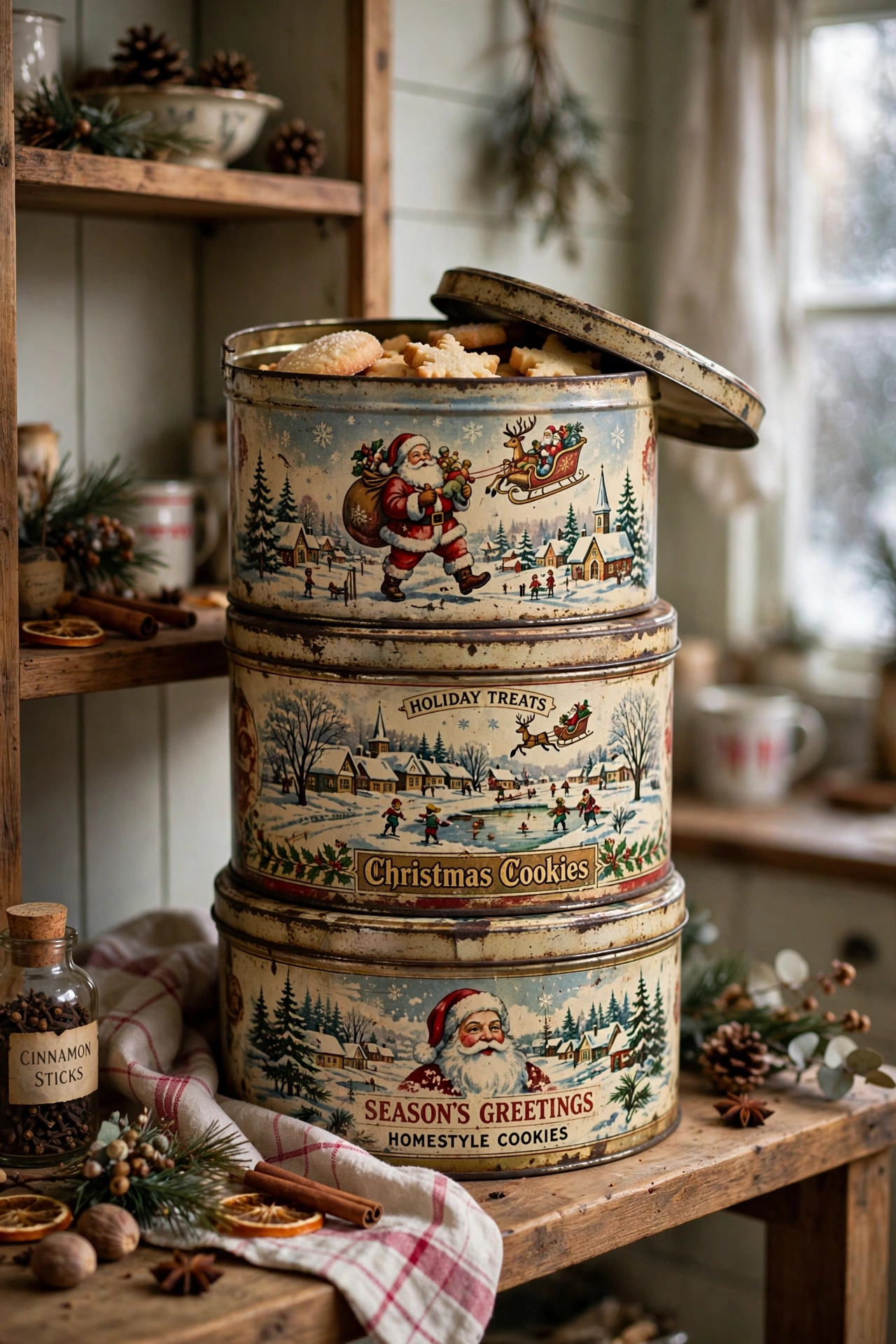 vintage christmas cookie tins display