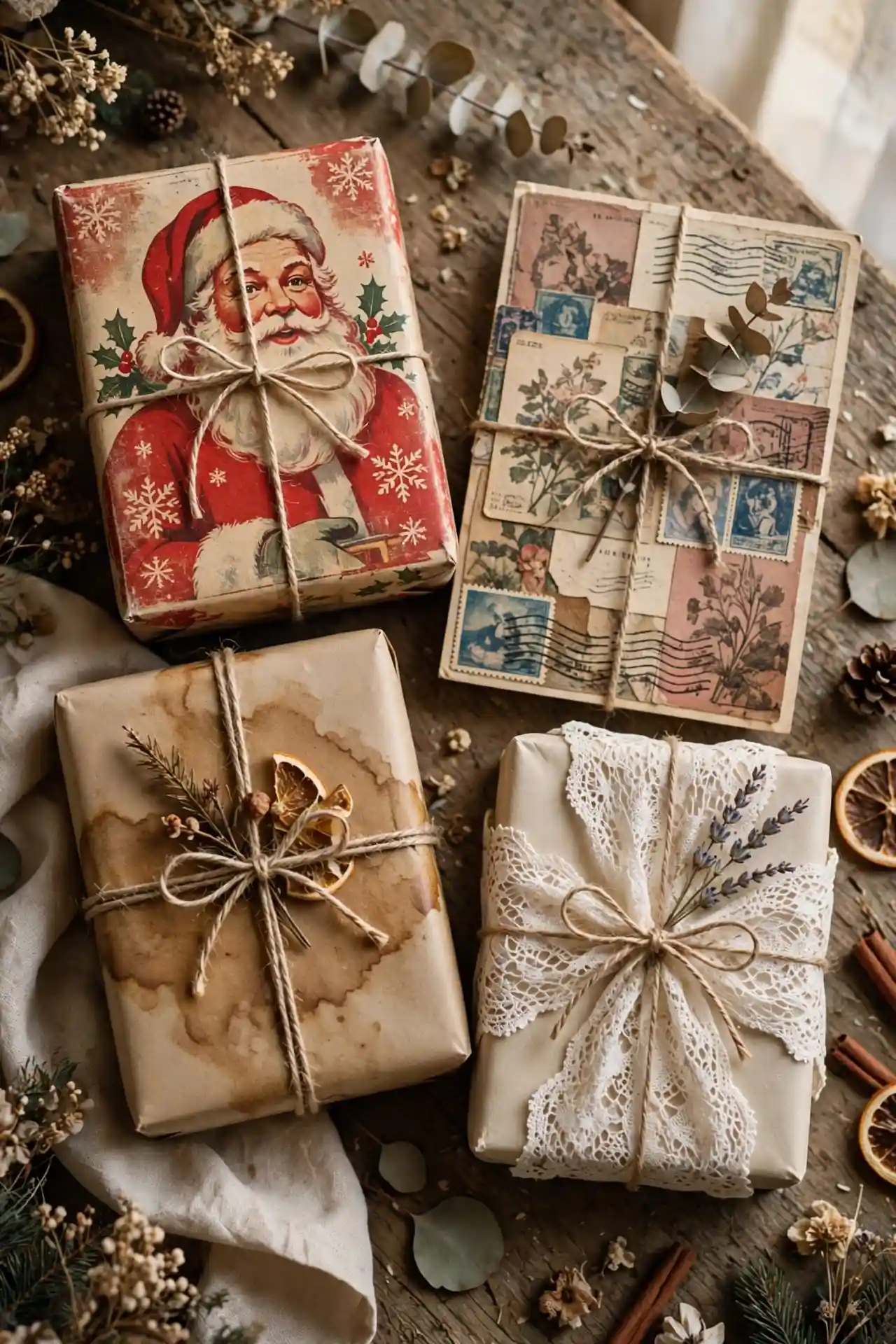 vintage christmas gift wrapping ideas collage of retro Santa print, postcard collage, tea-stained kraft and lace overlay gifts