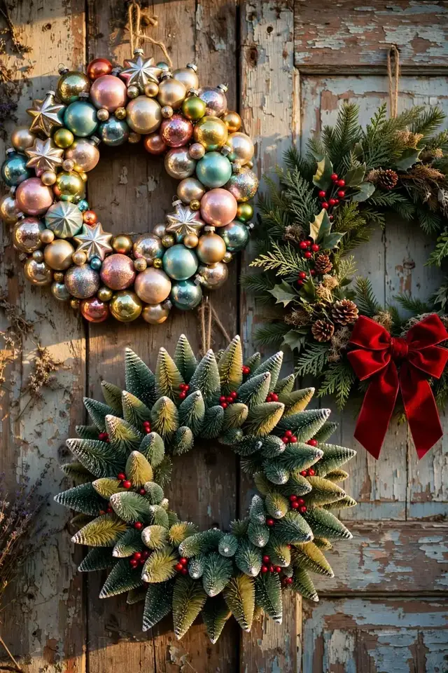 vintage christmas wreath ideas collage of Shiny Brite ornaments, bottle brush trees, tinsel and Victorian greenery