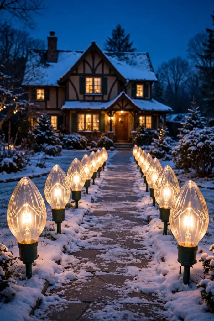 large c9 bulb stake lights along a christmas walkway