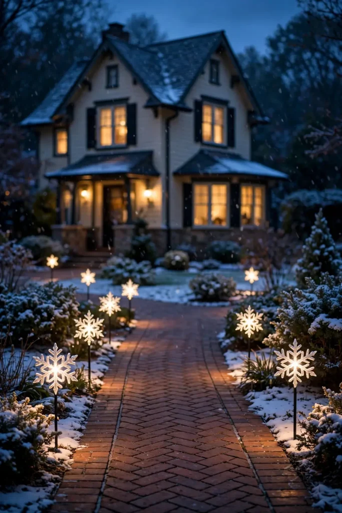 snowflake stake lights along an outdoor walkway christmas lights display