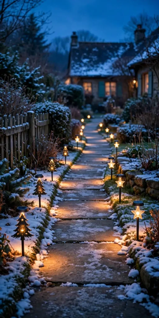 solar pathway christmas lights glowing at dusk