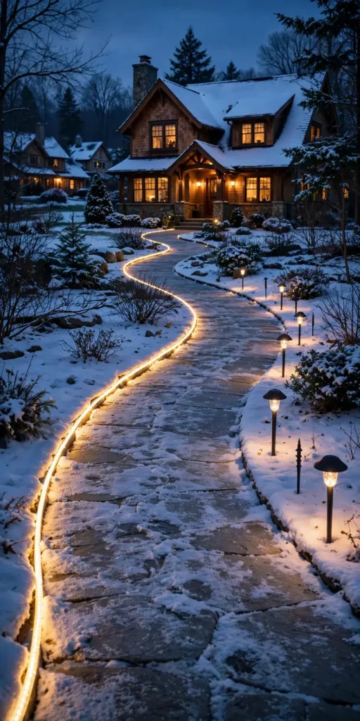 christmas lights on walkway rope light edging both sides
