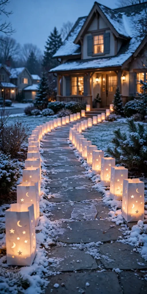 paper bag luminarias lining a christmas walkway at night