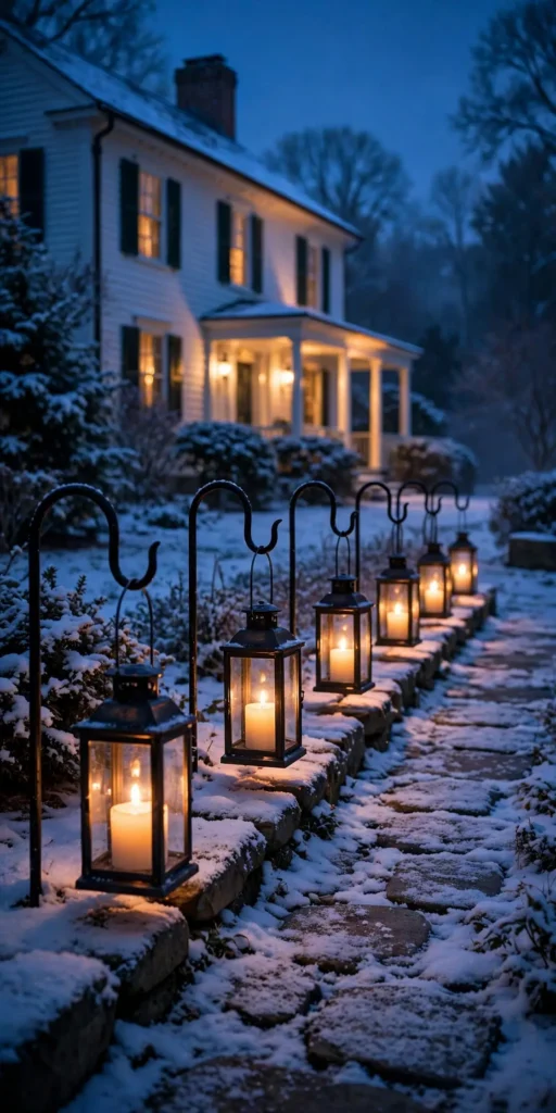 lanterns on shepherds hooks along a christmas walkway