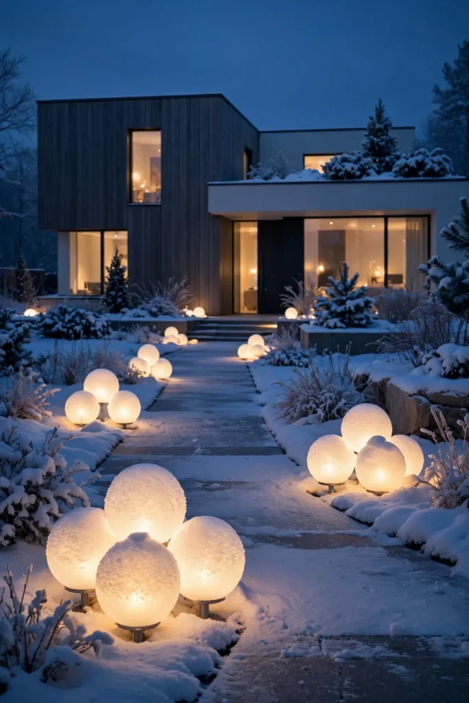 frosted globe lights like snowballs beside a front walkway