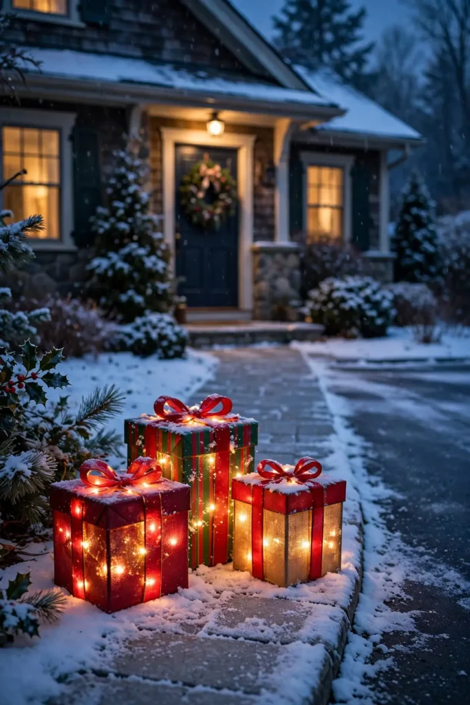 glowing gift box decorations beside a christmas pathway