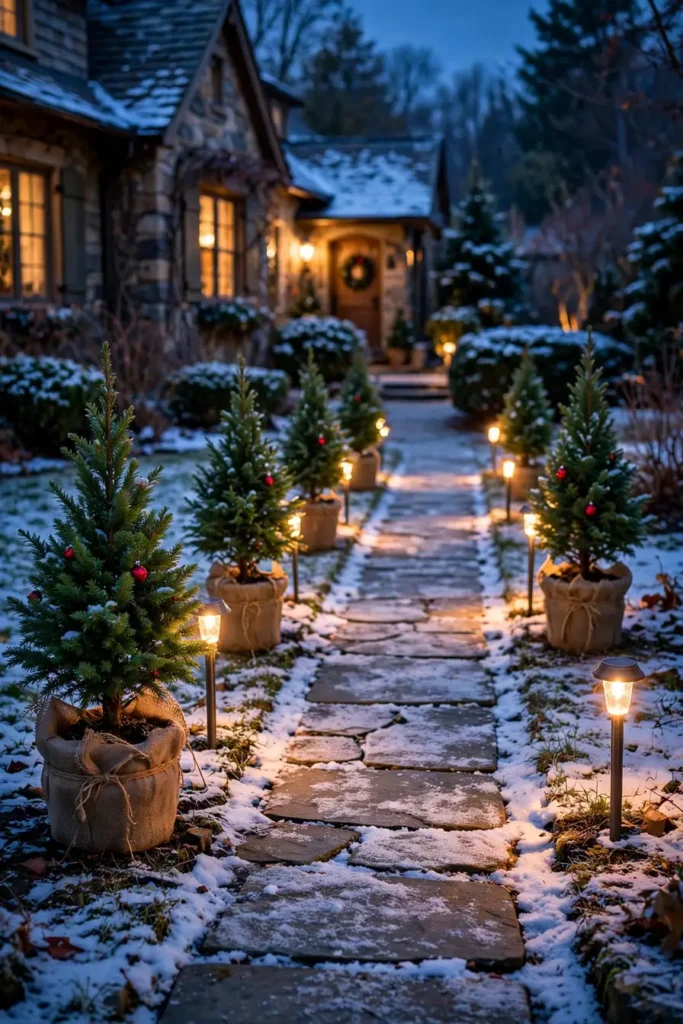 mini potted evergreen trees lining a front walkway christmas