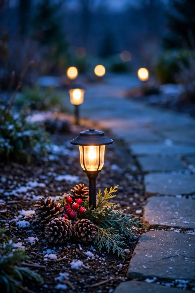 pinecone and berry clusters at the base of pathway lights