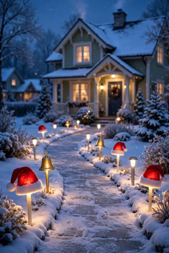 santa hat and bell pathway stakes for a family walkway