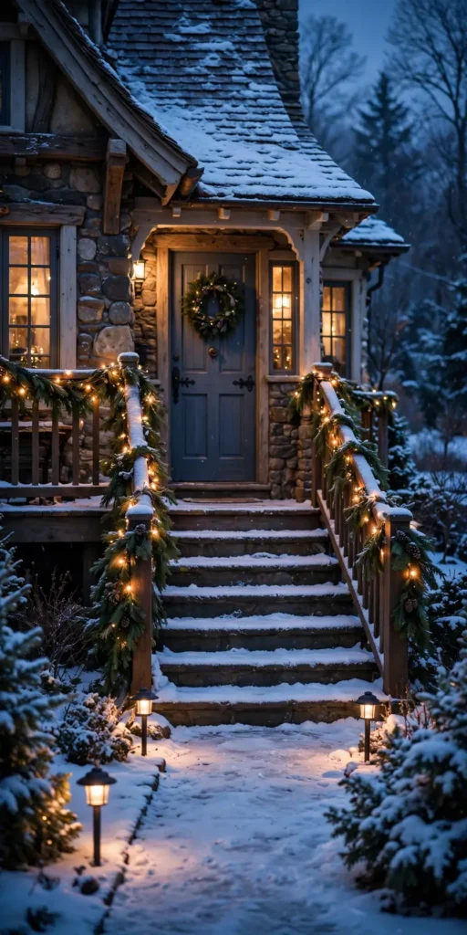 garland with lights on porch step railings christmas