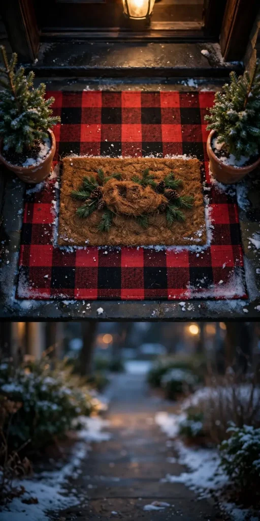 layered christmas doormat with mini trees at front door