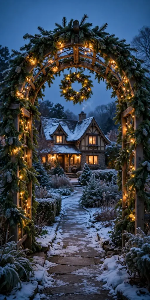 lighted arch trellis over a christmas front walkway