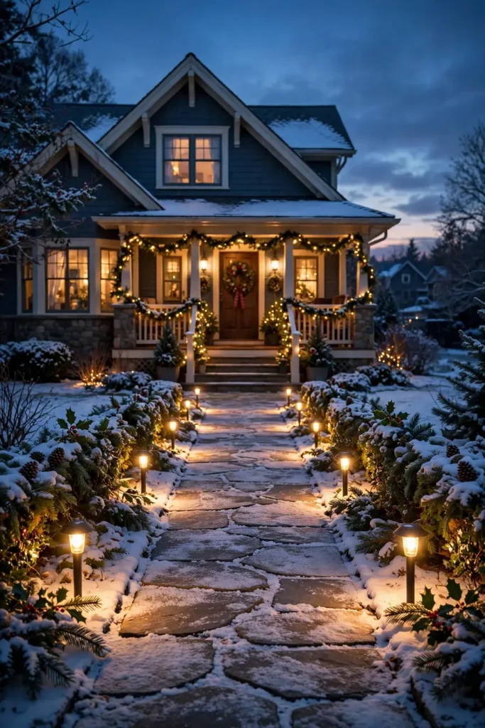 outdoor christmas lights timer glowing walkway at dusk