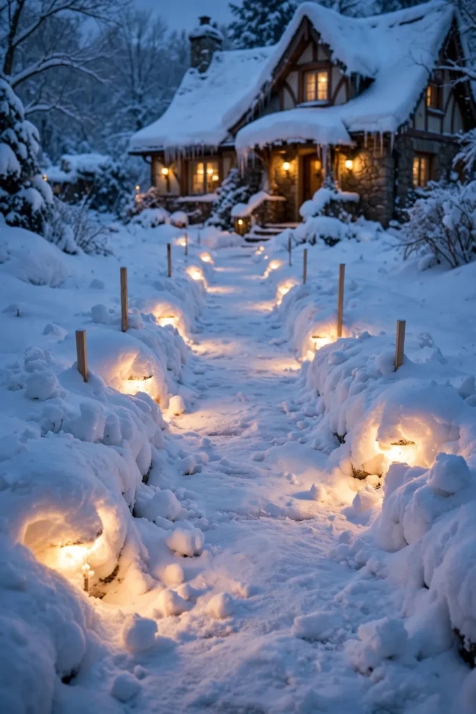 snow covered pathway lights after a winter storm christmas