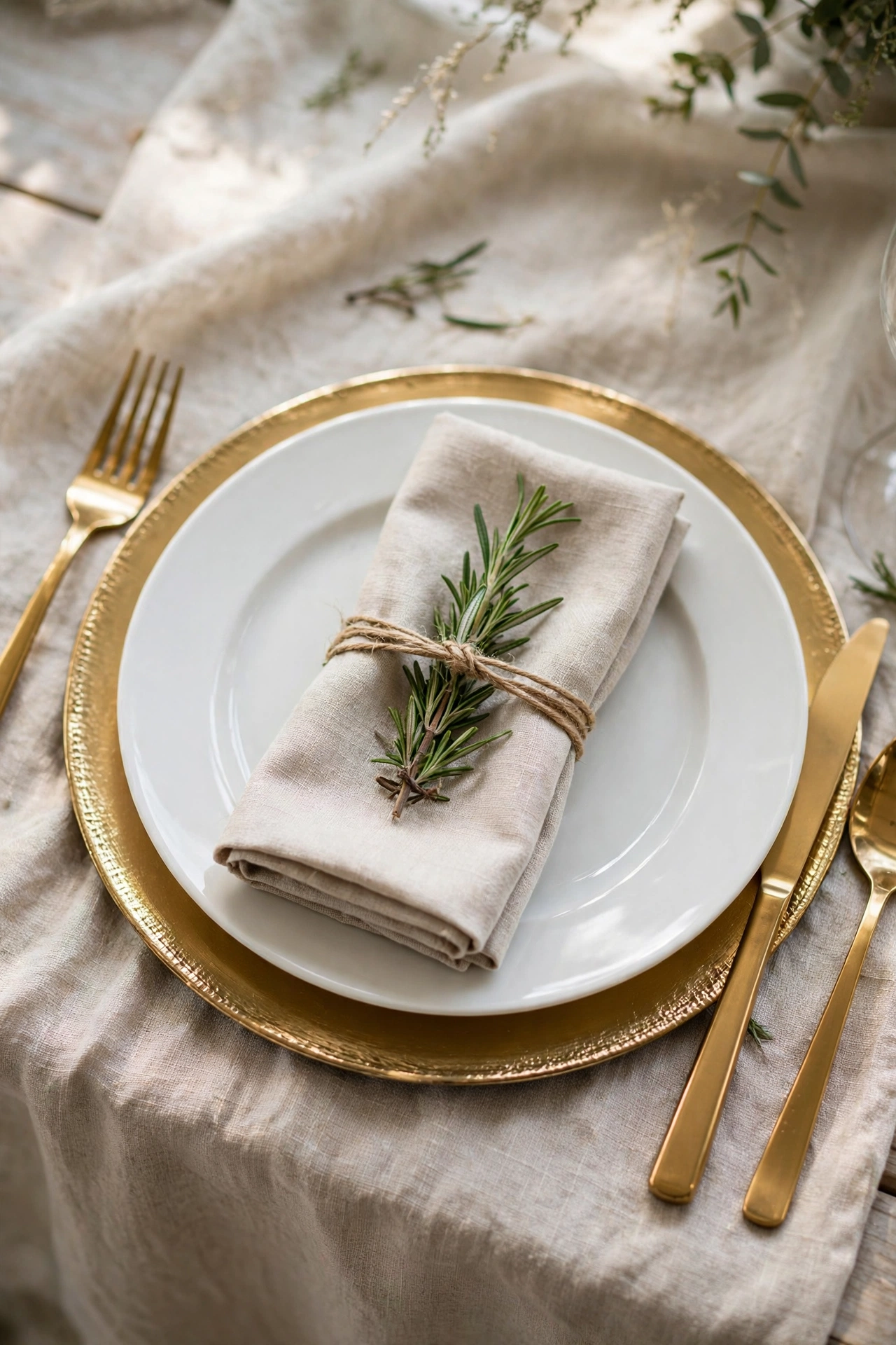 wedding table setting with linen napkin and eucalyptus sprig wedding table setting with linen napkin and eucalyptus sprig