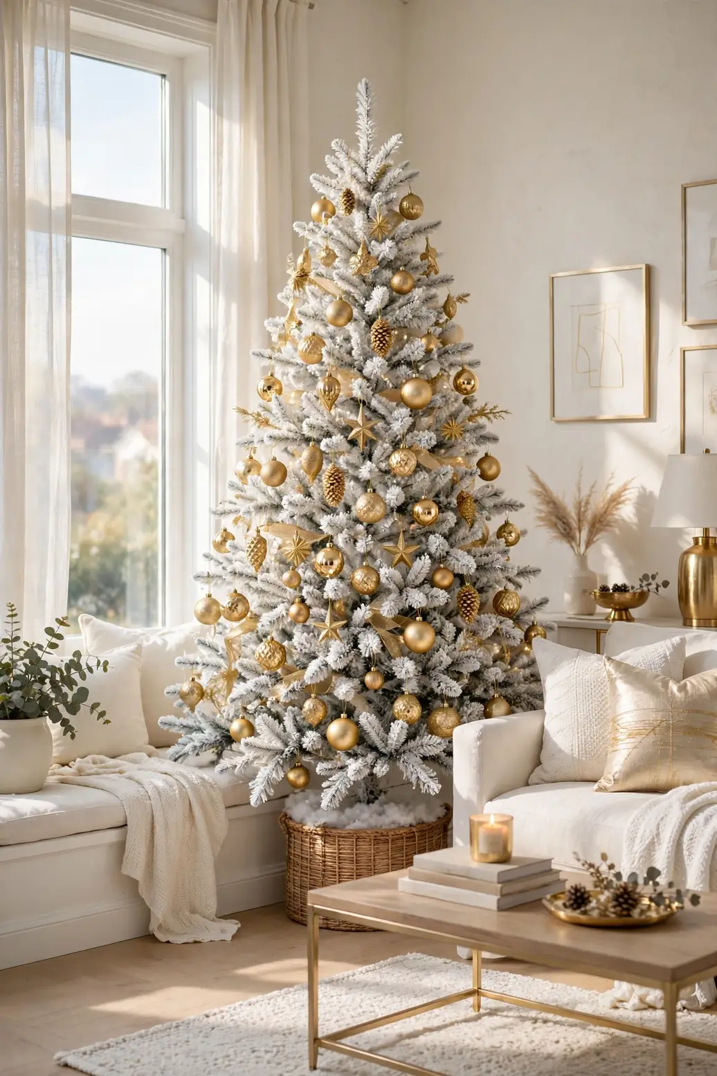 white and gold christmas tree flocked living room