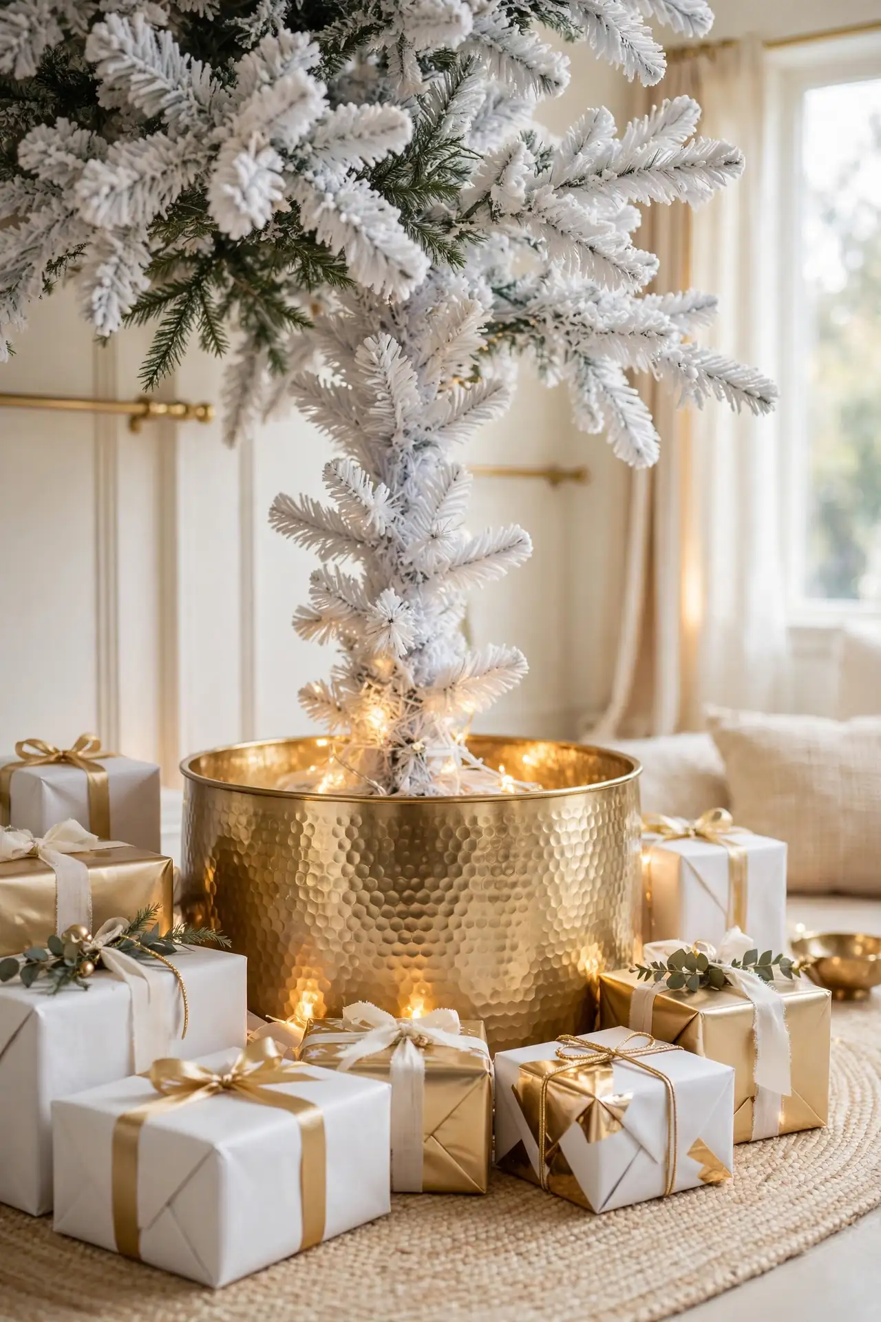 gold christmas tree collar white flocked tree
