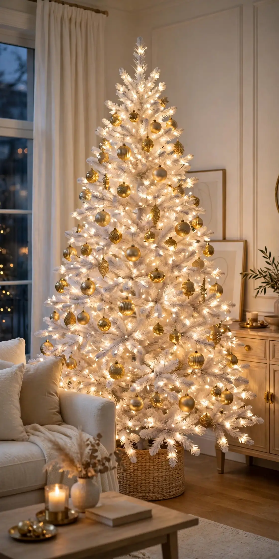 white christmas tree warm white lights glowing