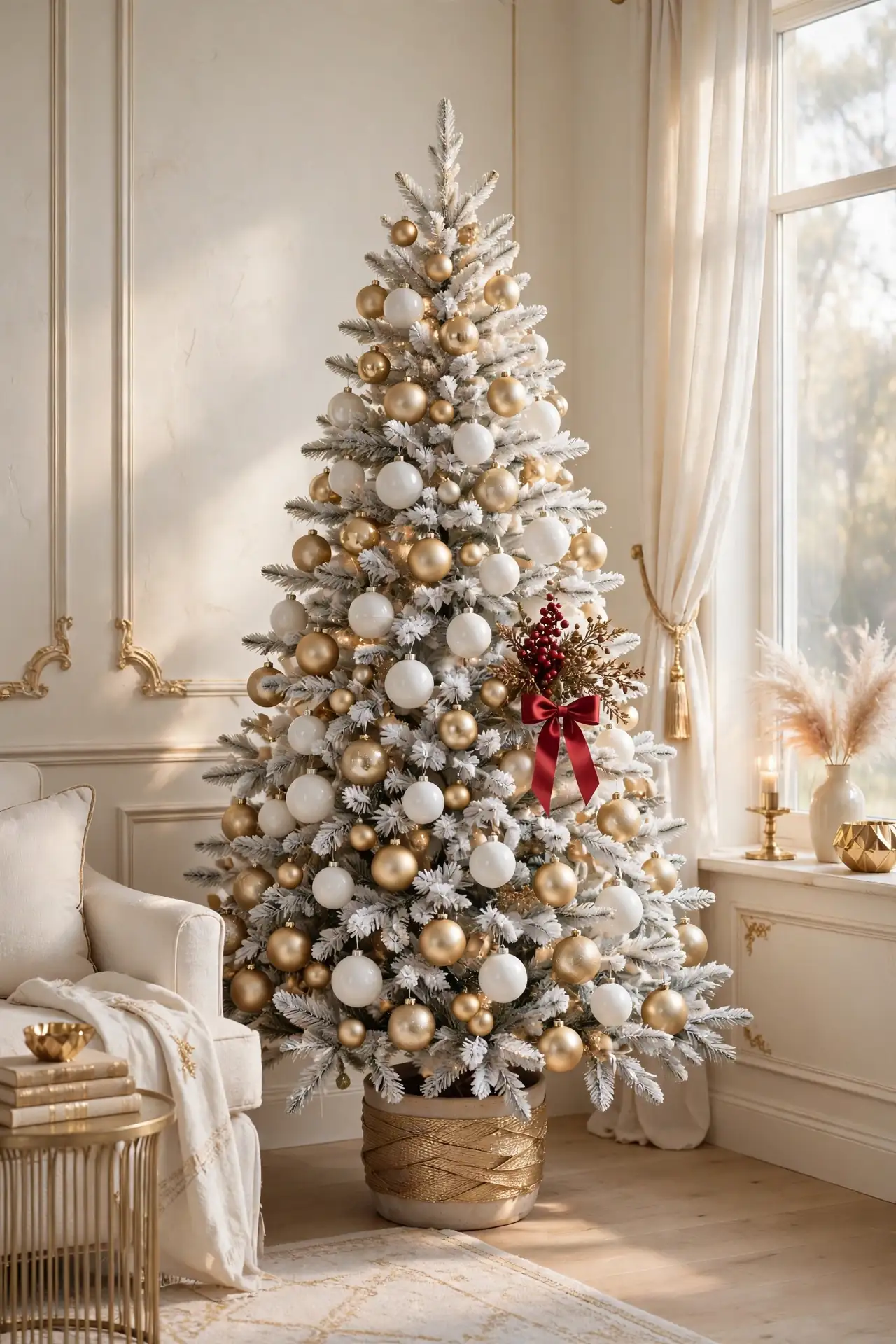 red white and gold christmas tree accents