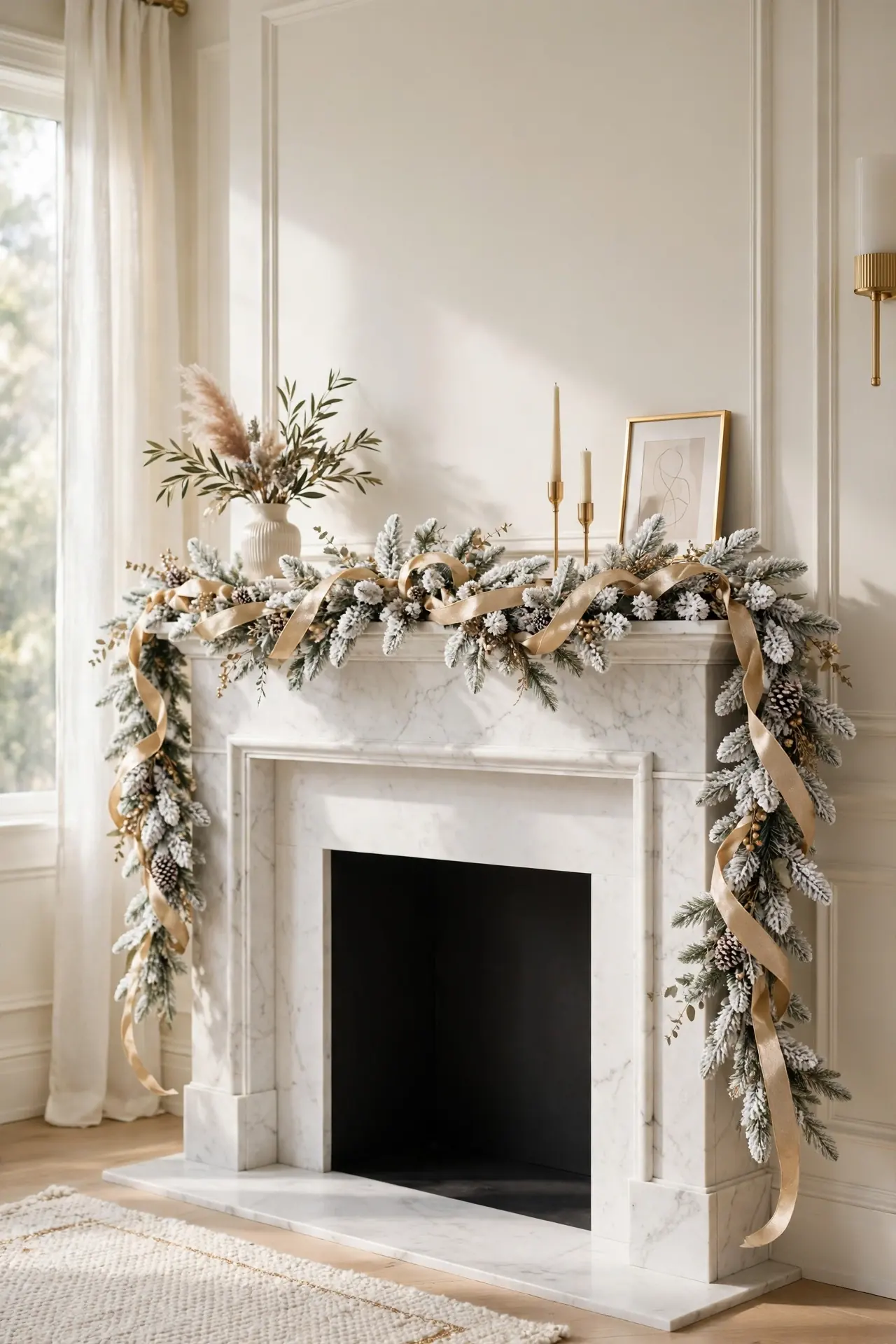 white garland gold ribbon christmas mantel