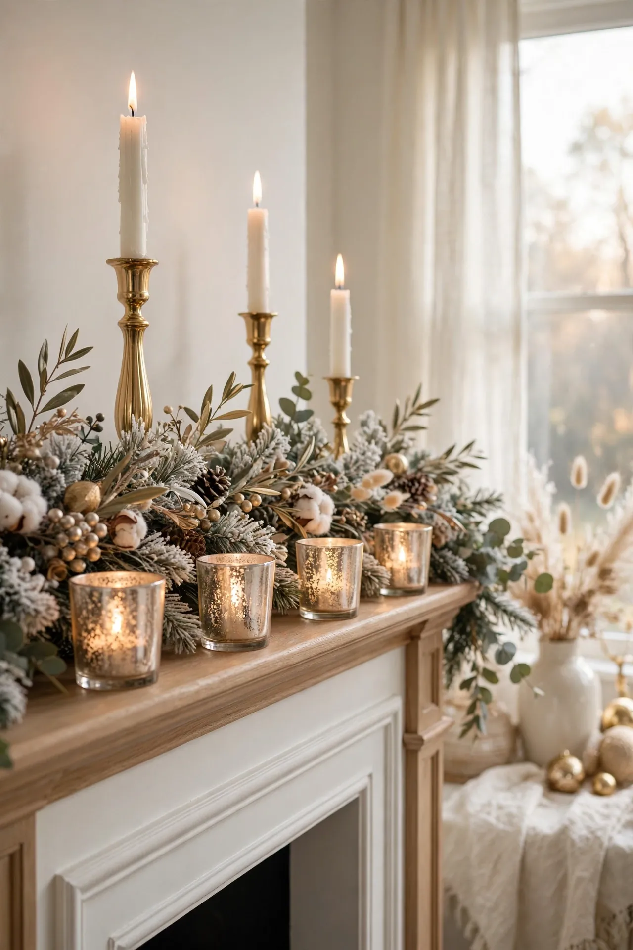 mercury glass gold candlesticks christmas mantel