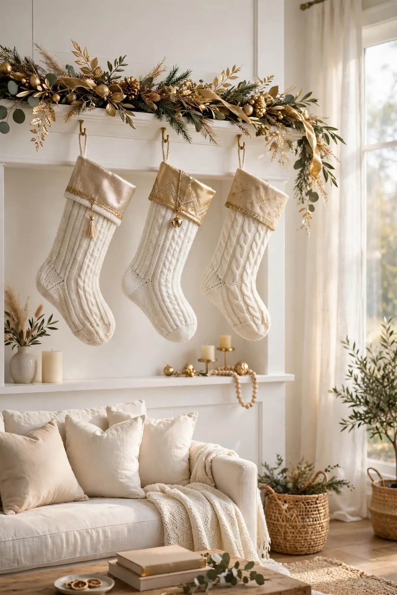 white christmas stockings gold cuffs mantel