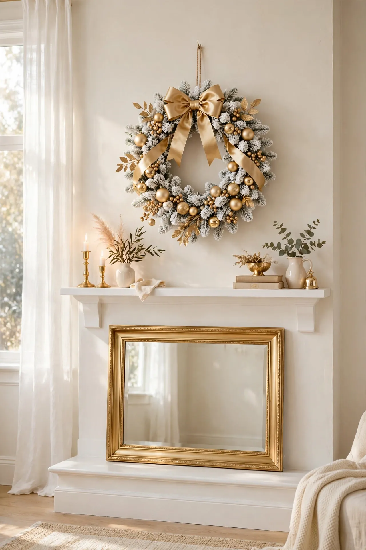white and gold christmas wreath above mantel mirror