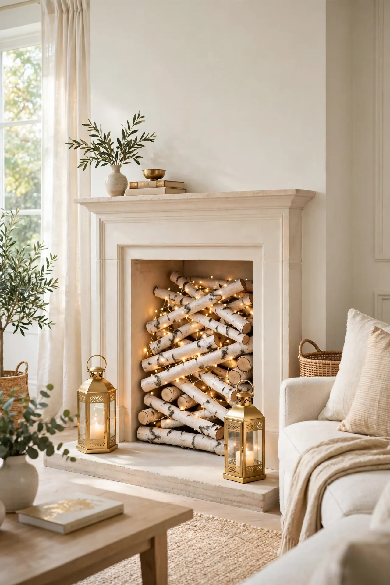 birch logs fairy lights fireplace christmas