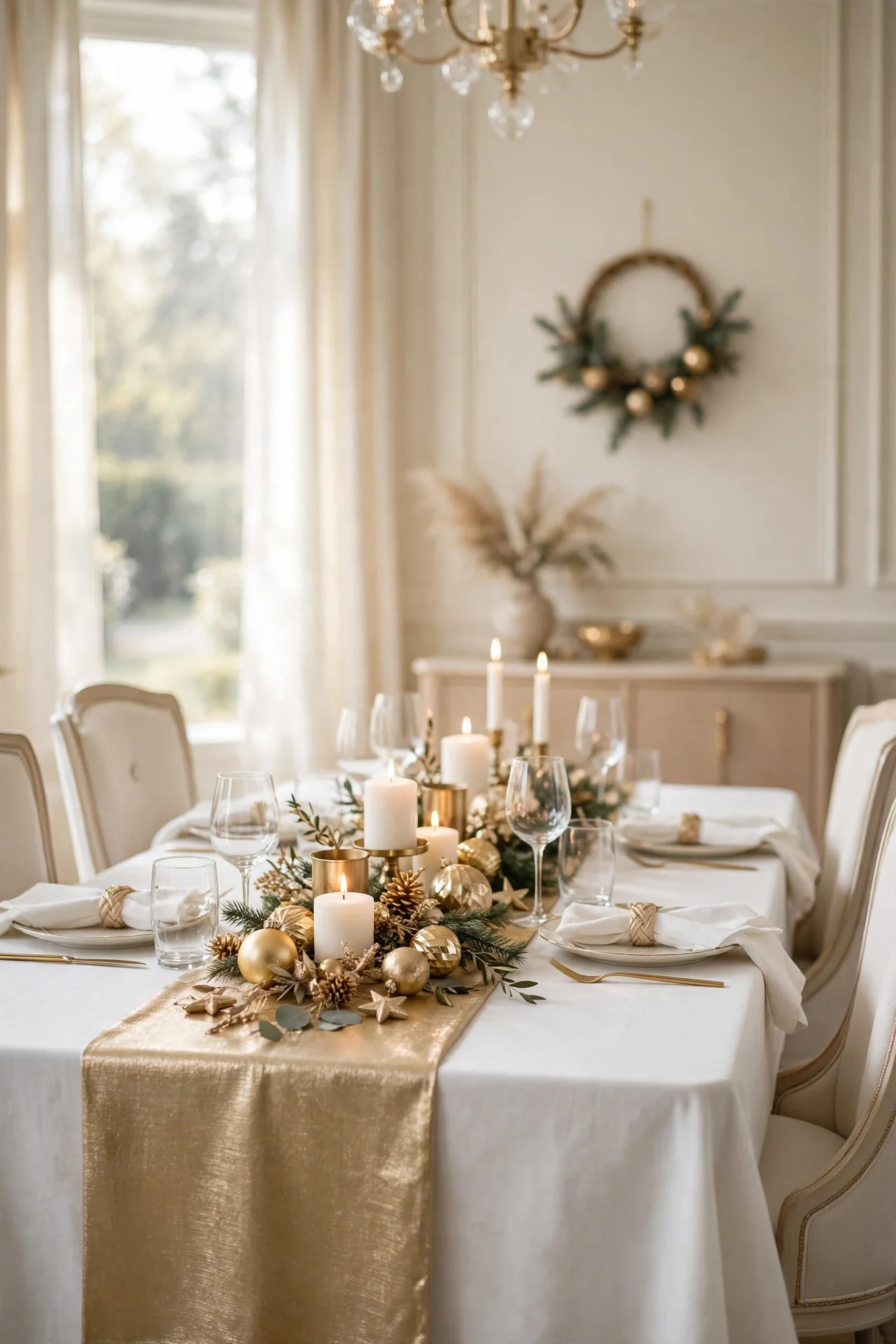 white and gold christmas tablescape linen runner