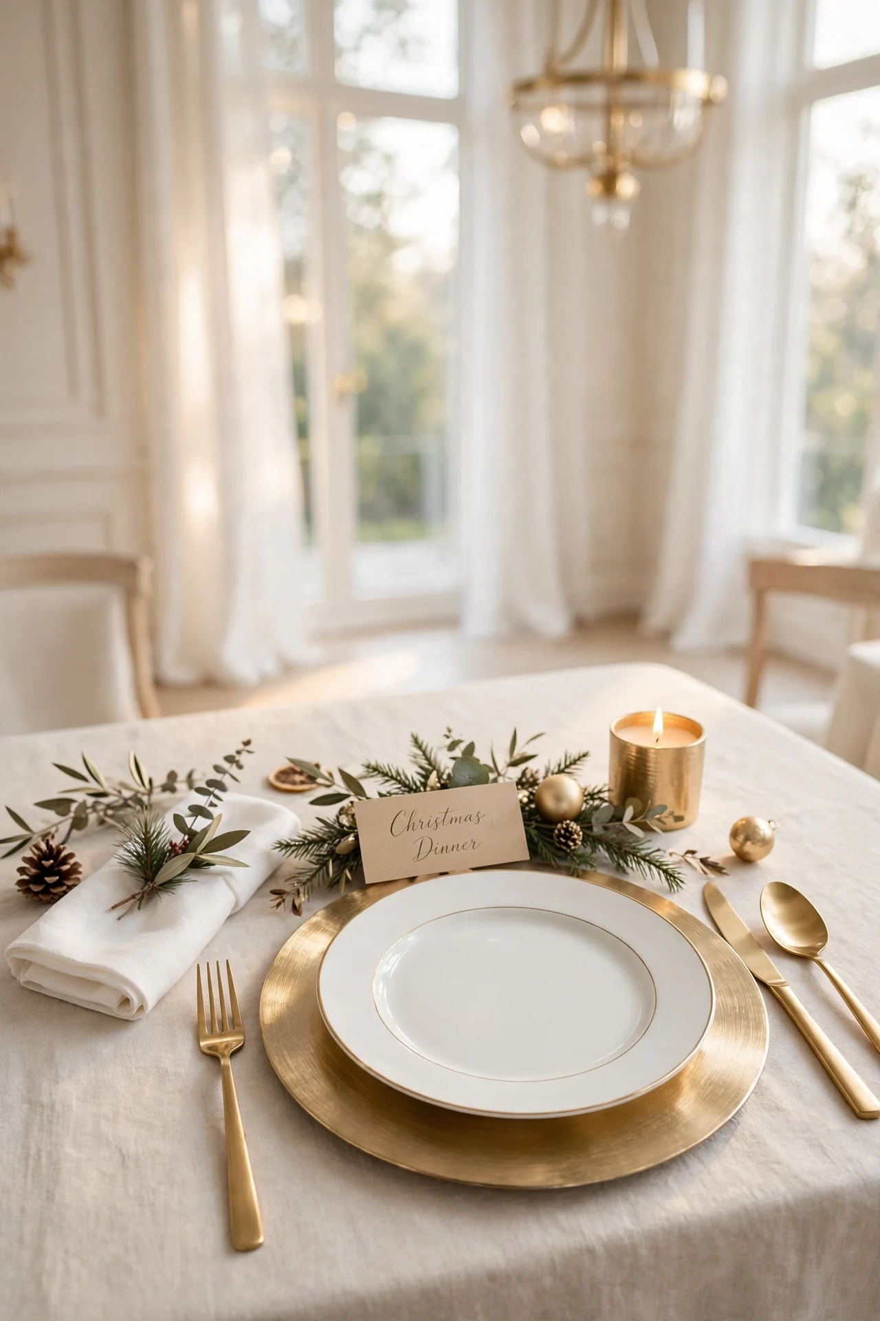 gold chargers white china christmas table setting