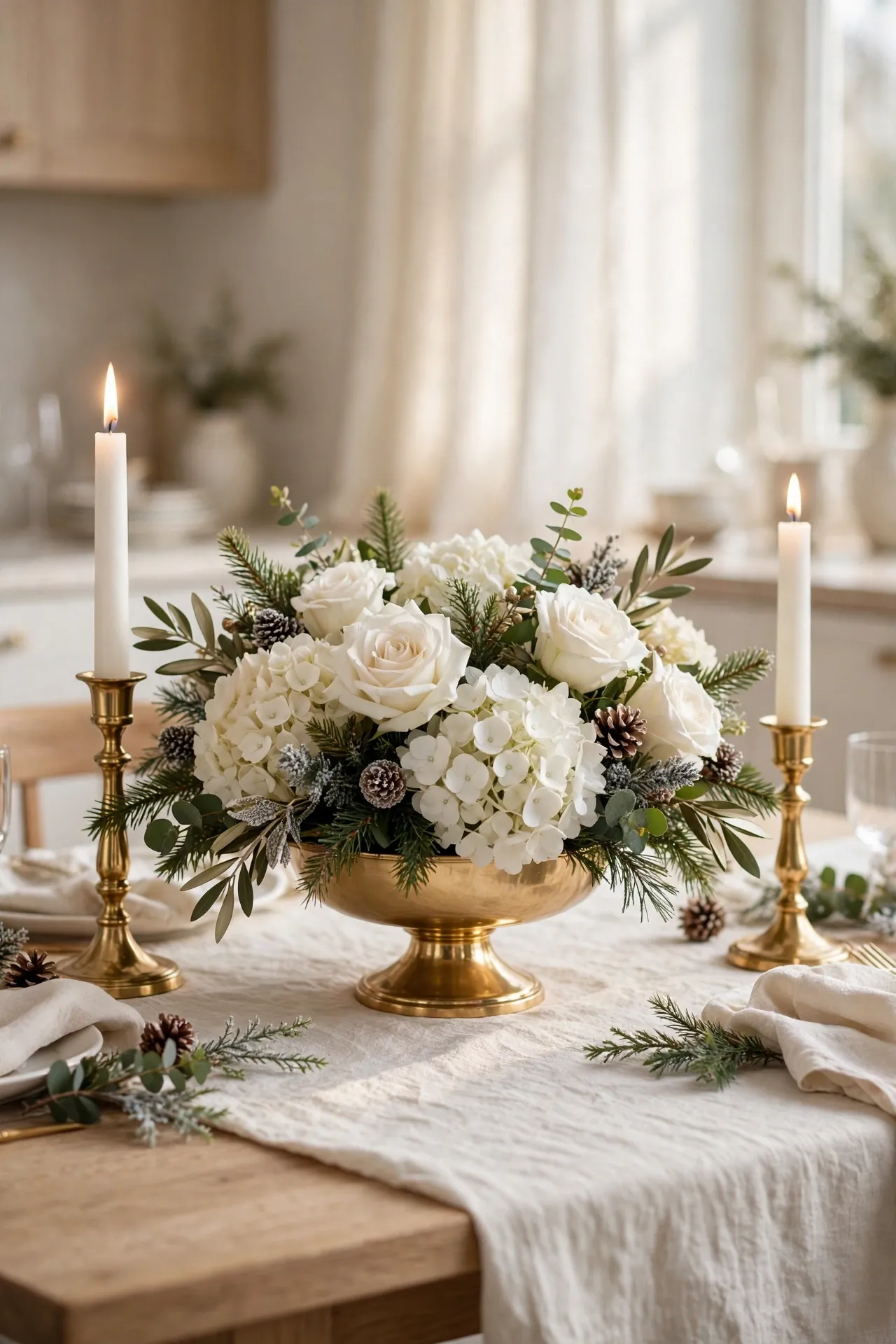 white floral gold candle christmas centerpiece