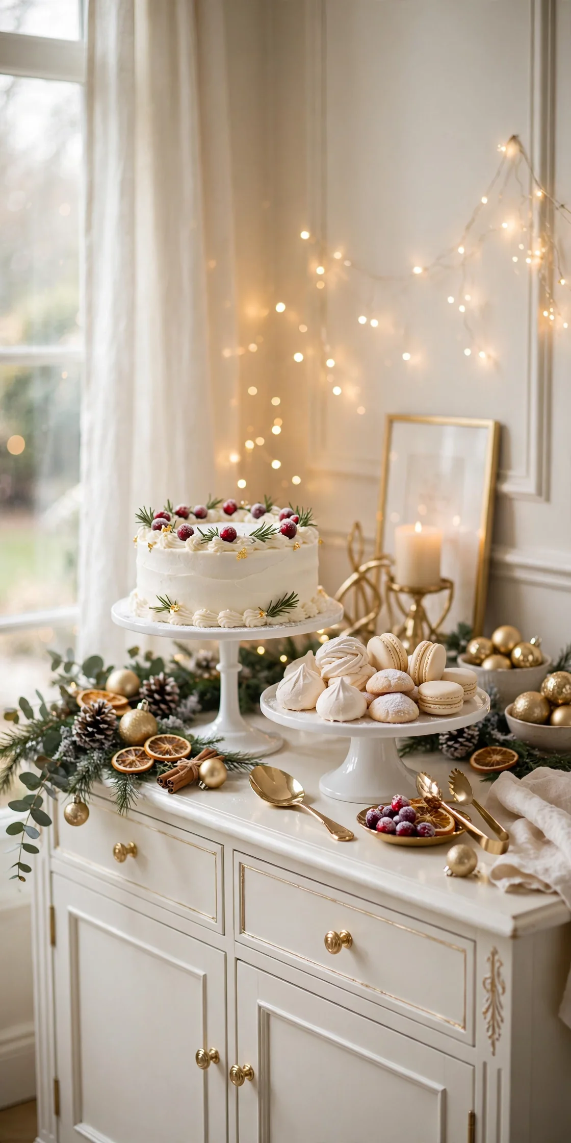 white and gold christmas dessert display sideboard