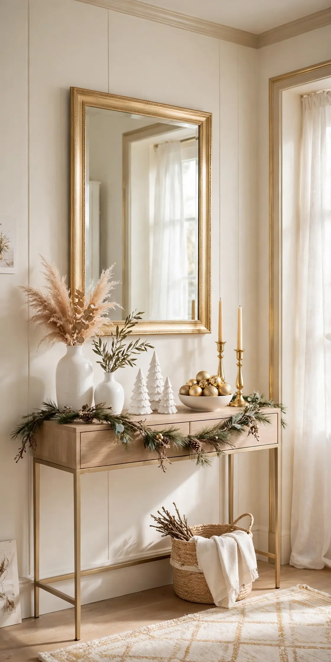 christmas entryway console gold mirror white vases