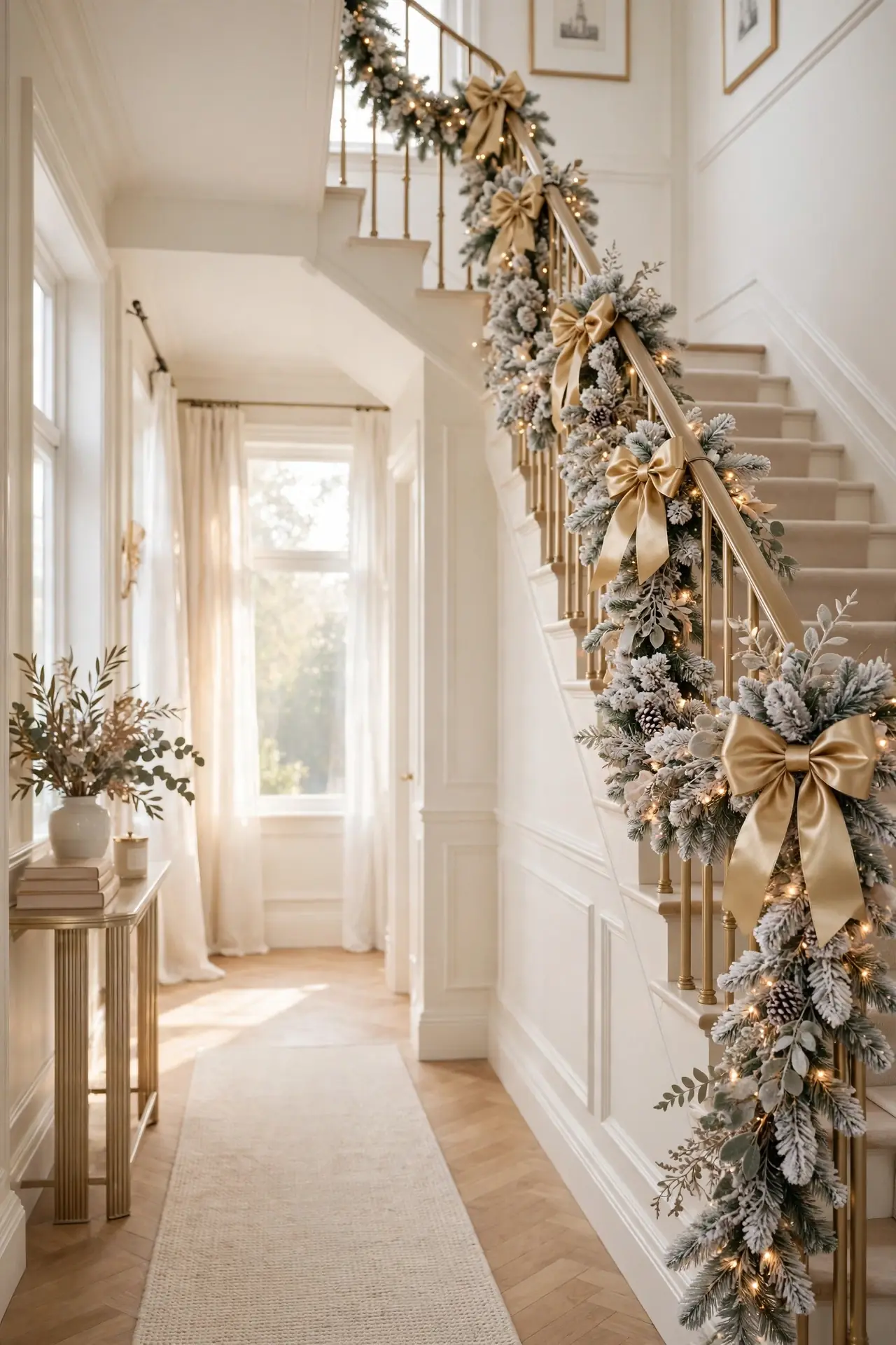 christmas staircase garland gold bows
