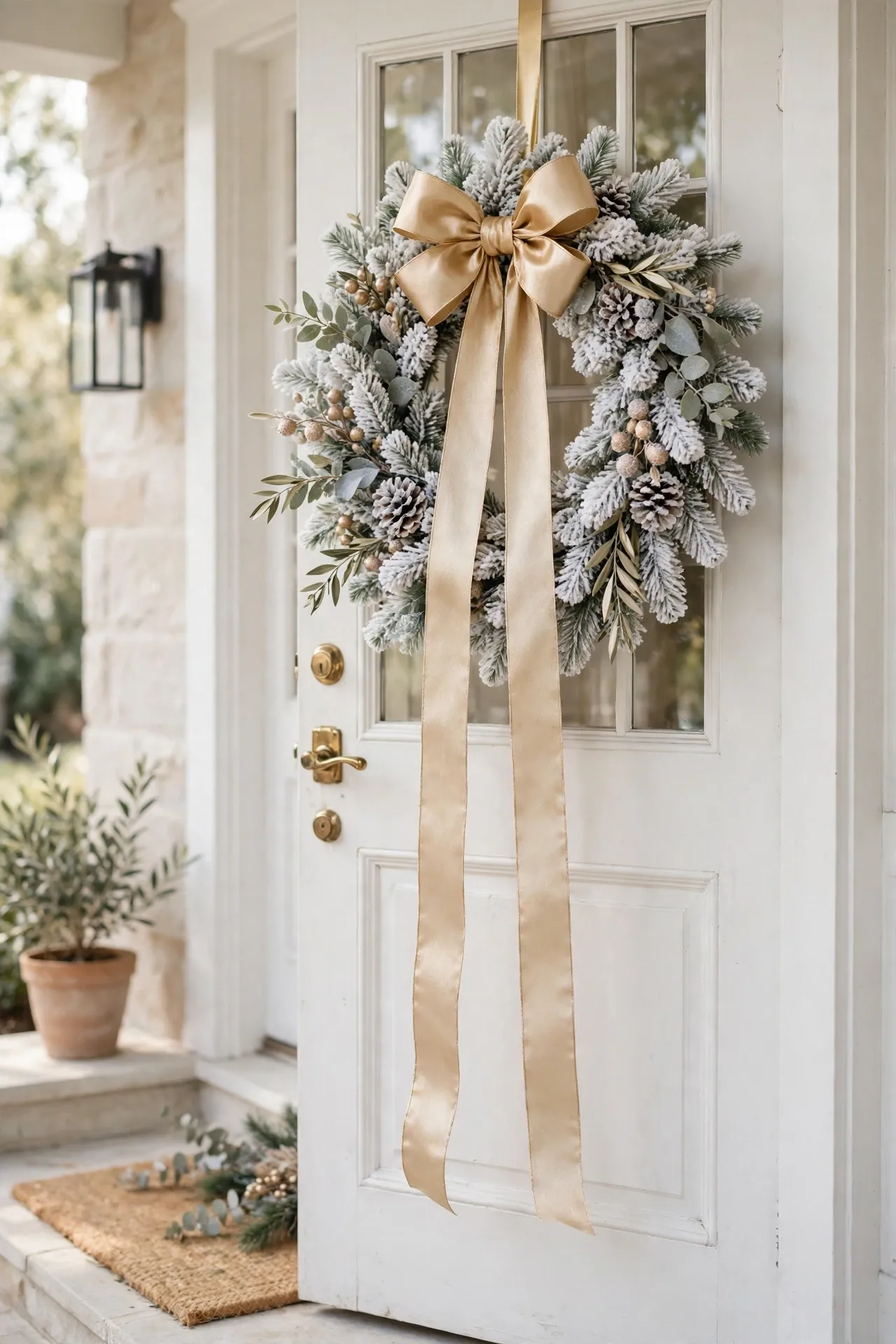 white christmas wreath gold ribbon front door