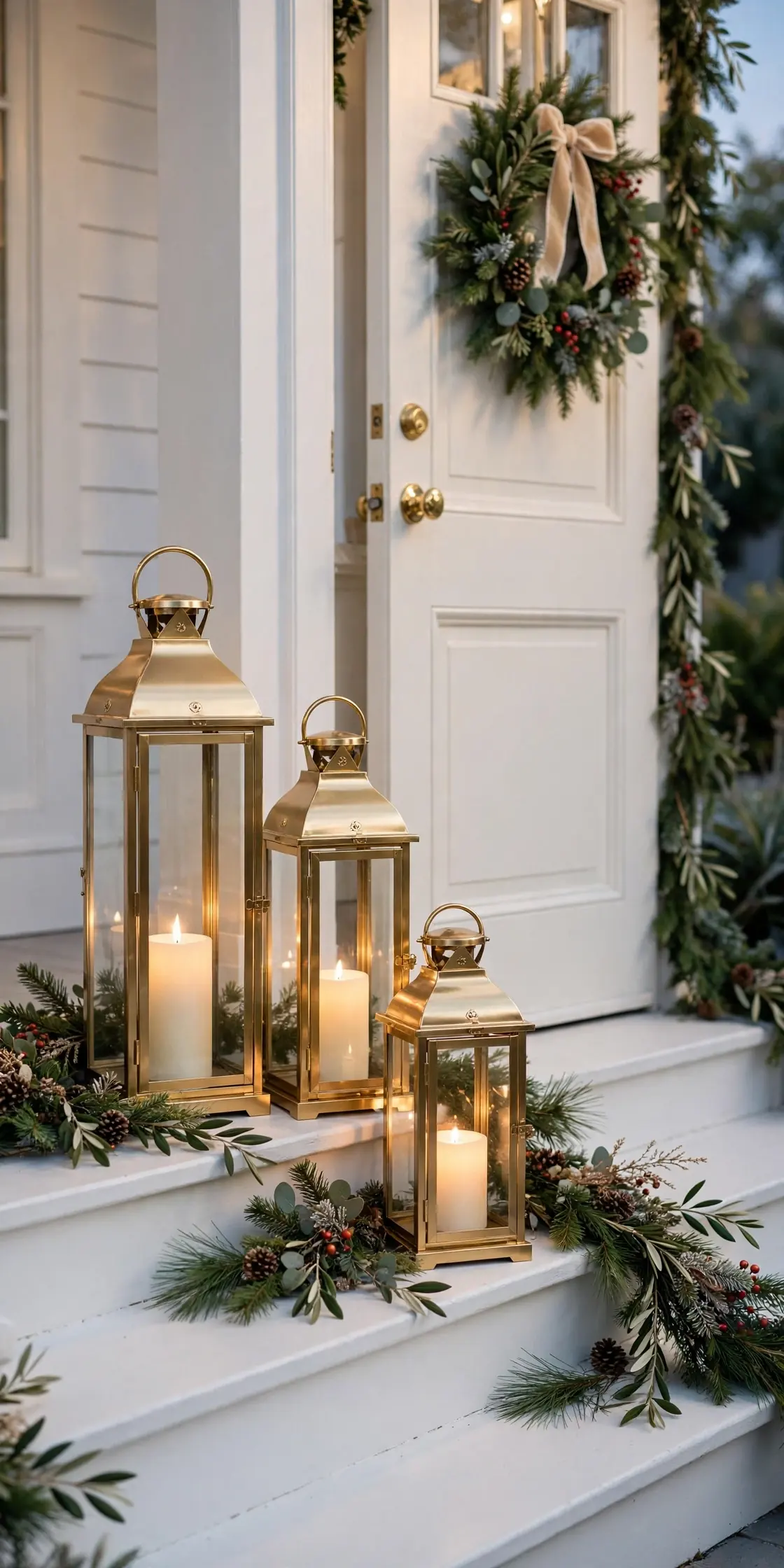 gold lanterns christmas porch entry steps