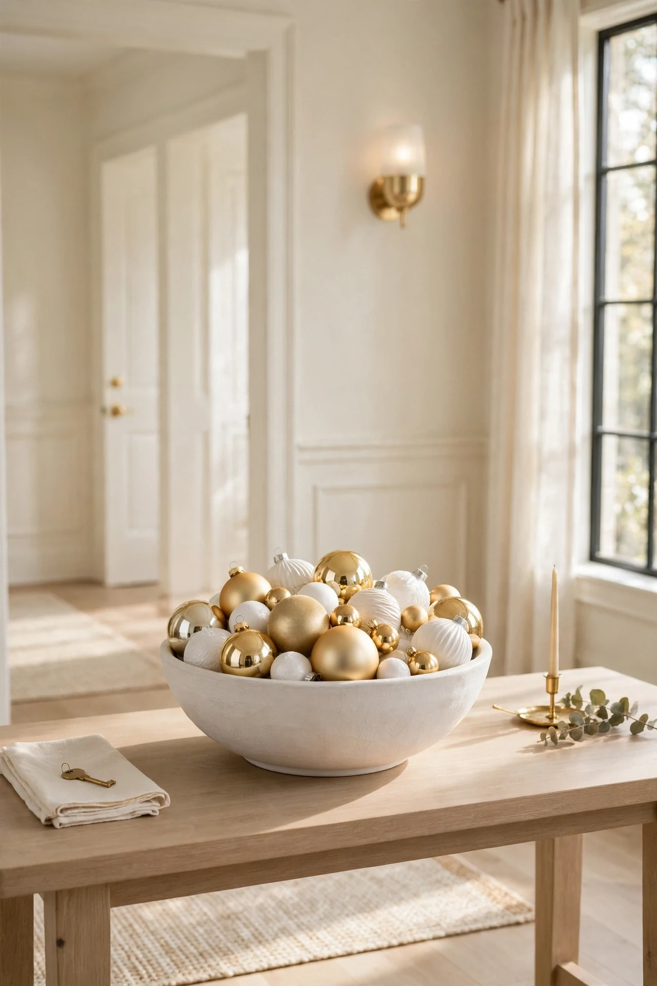 gold ornaments bowl entryway christmas styling