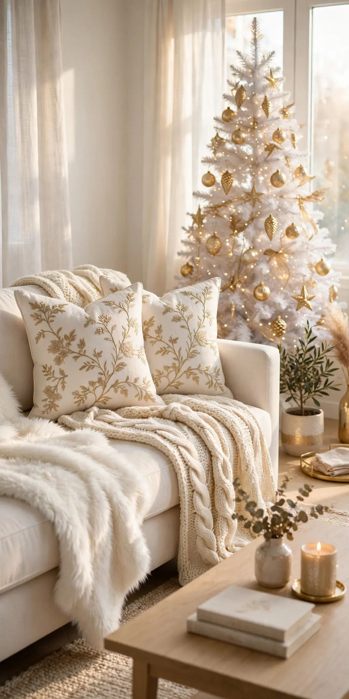 white faux fur throw gold christmas pillows sofa