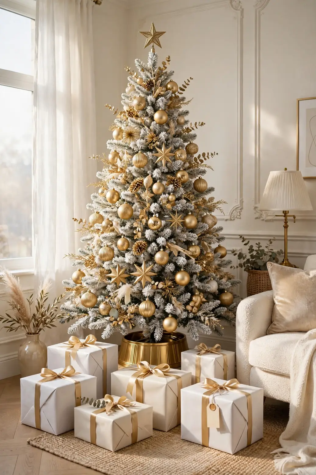 white and gold wrapped christmas gifts under tree