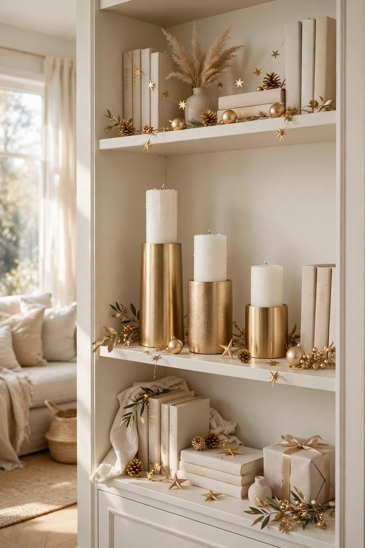 white candles gold holders christmas shelves
