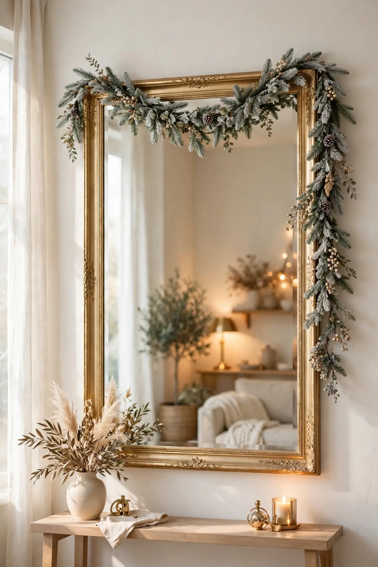 gold framed mirror garland christmas mantel wall