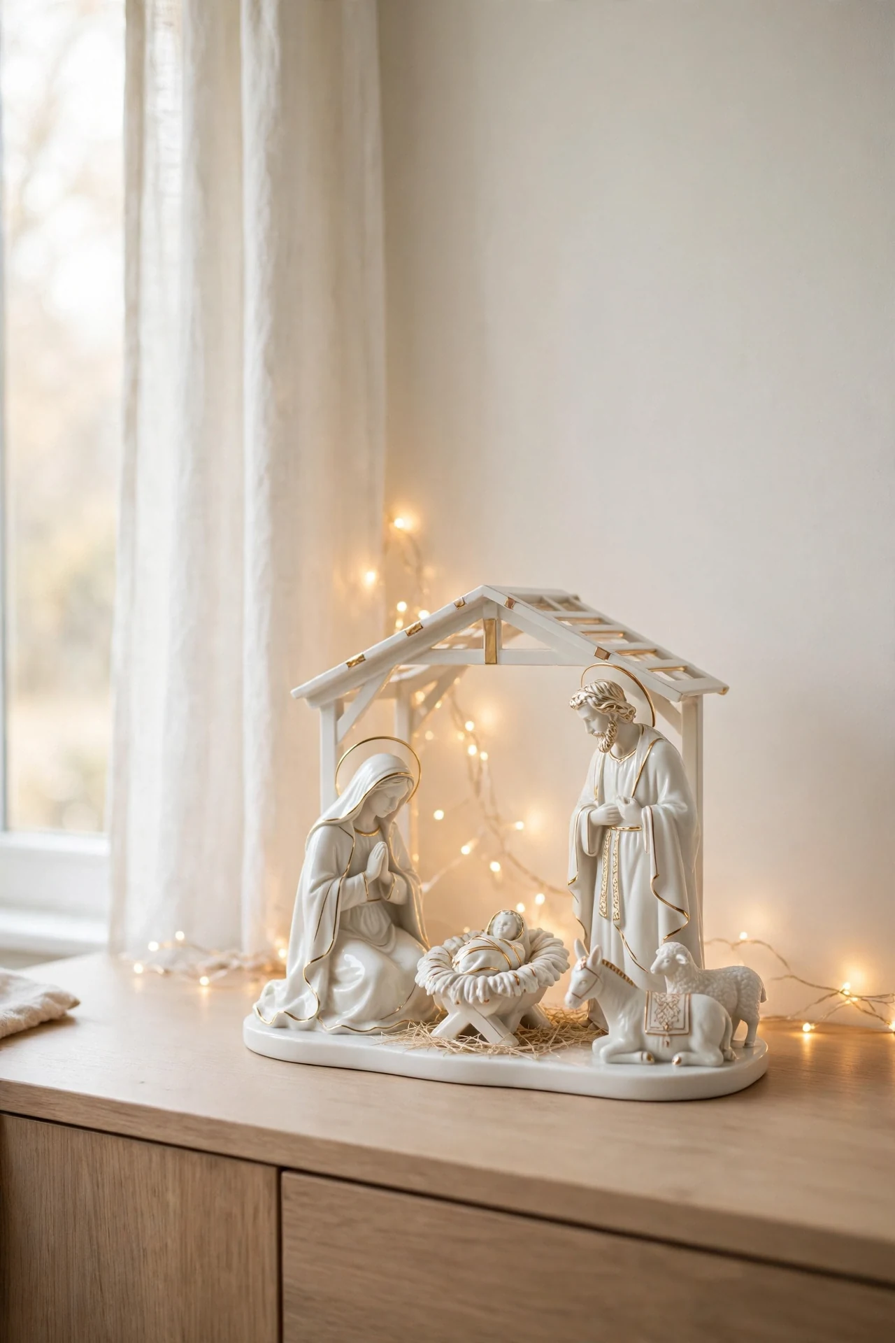 white and gold nativity advent christmas display
