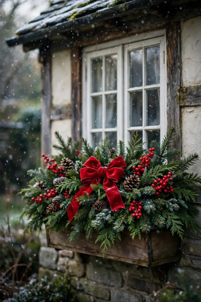 classic christmas window box evergreen red bow