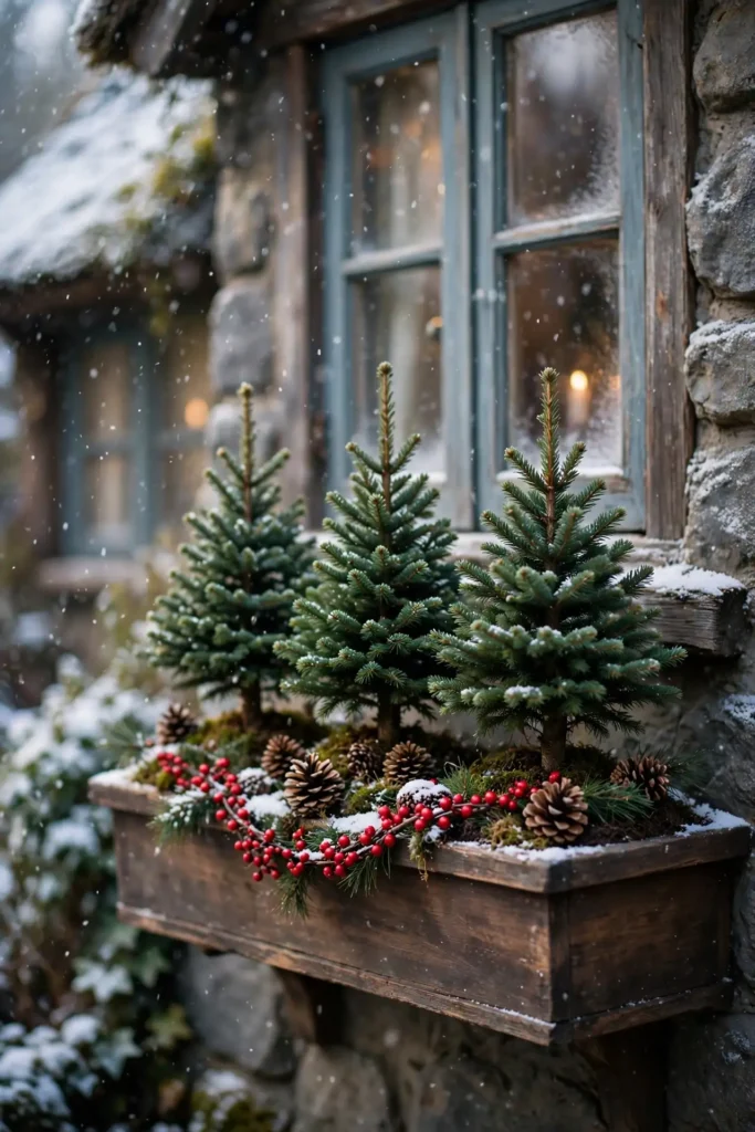 mini christmas trees window box row